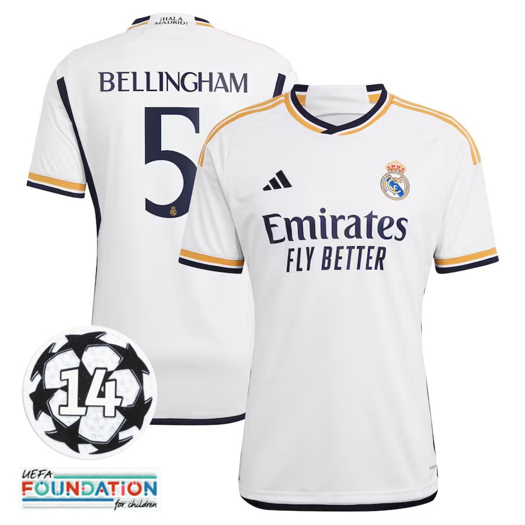 2023-2024 Real Madrid Home Replica Jersey #5 Bellingham + UCL Patch