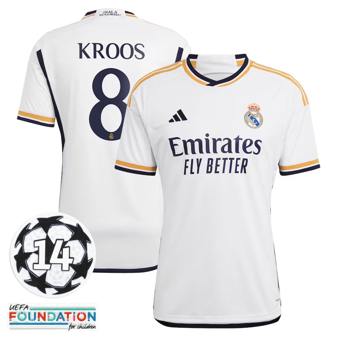 2023-2024 Real Madrid Home Replica Jersey #8 Kroos + UCL Patch