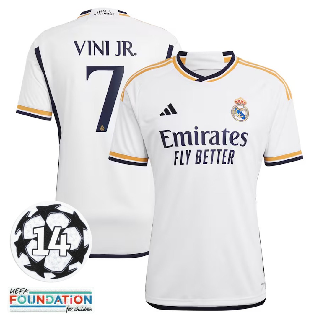 2023-2024 Real Madrid Home Replica Jersey #7 Vini Jr + UCL Patch